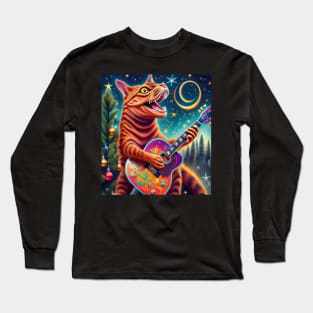 Christmas tree cat dinosaur playing guitar Long Sleeve T-Shirt